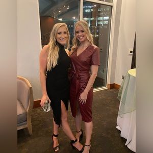 Maroon leather midi dress with buttons and belt